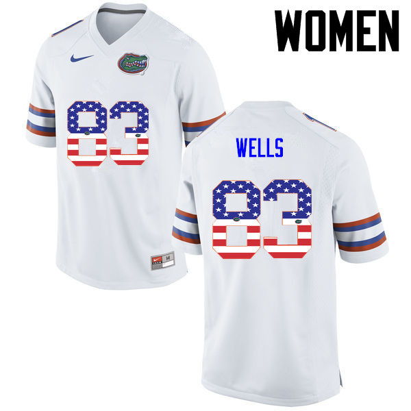 Women Florida Gators #83 Rick Wells College Football USA Flag Fashion Jerseys-White - Click Image to Close